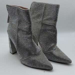 Steve Madden Viivian-R Rhinestone Ankle Boots Silver Pointed Toe Block Heel 7.5M